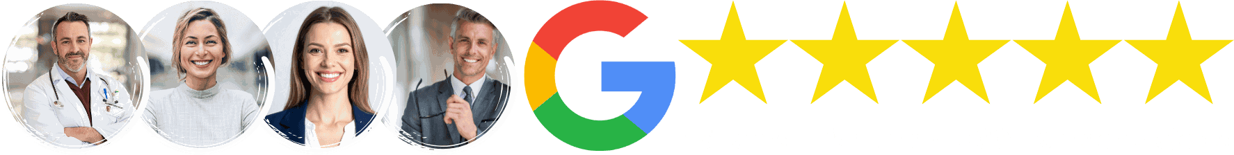 Vier Kundenporträts, Google-Logo und fünf ausgefüllte Sterne