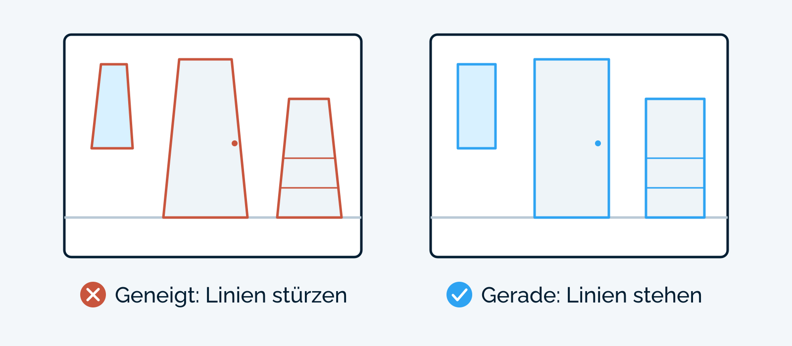 Vergleich: Bei geneigter Kamera kippen Tür, Fenster und Schrank nach innen, bei gerader Kamera bleiben die Kanten senkrecht